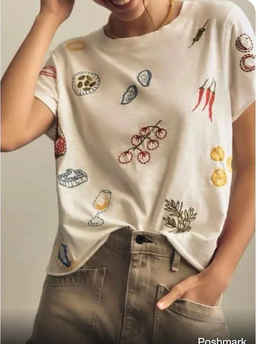 Anthropologie Maeve Embroidered Graphic Tee White Small
